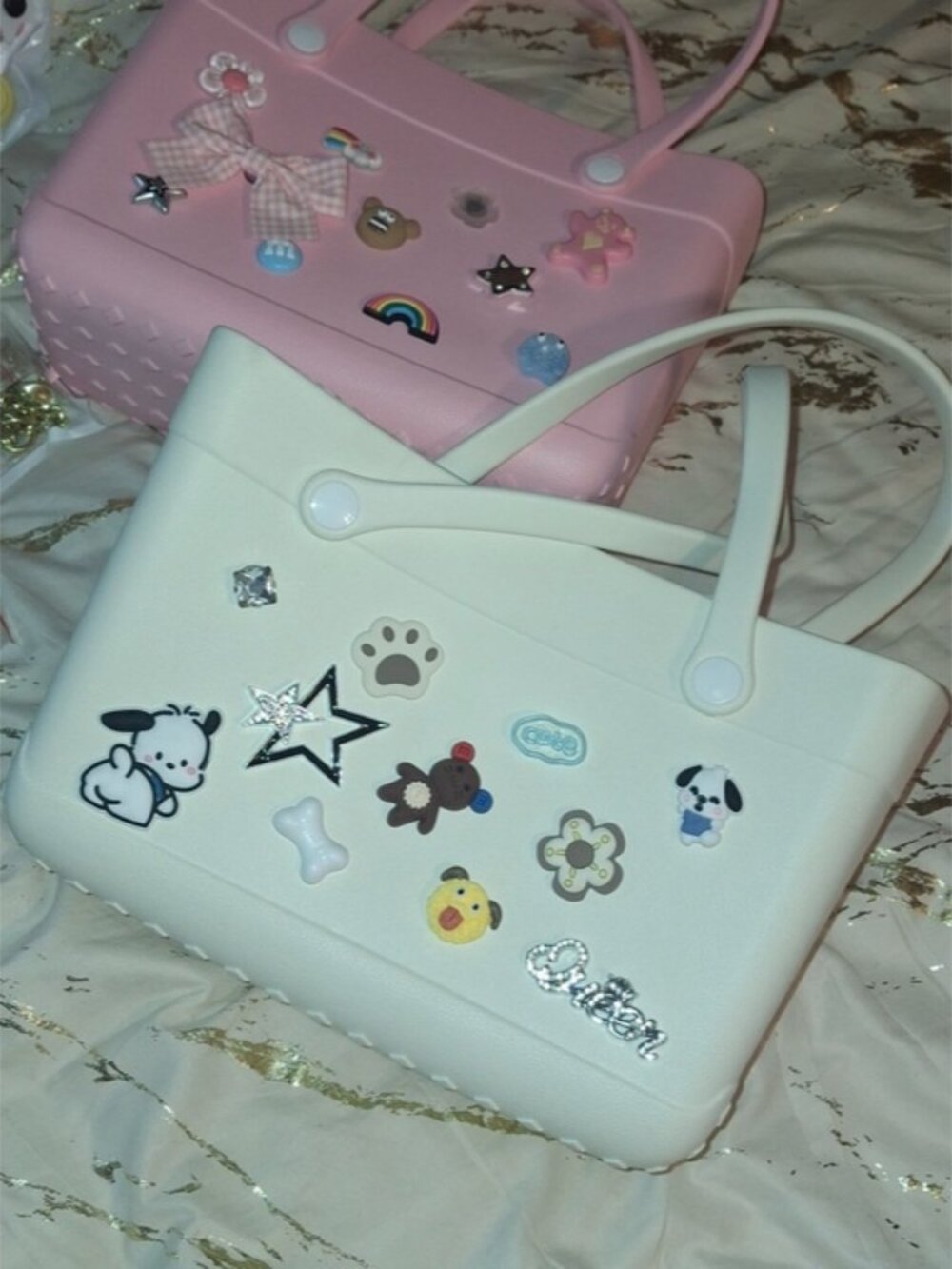 YNS Generic White & Pink Hobo Bag Set with Cute Charms
